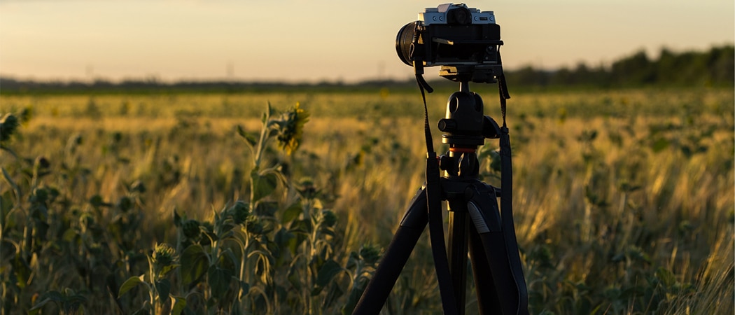 Een spiegelreflexcamera op een statief in het veld.